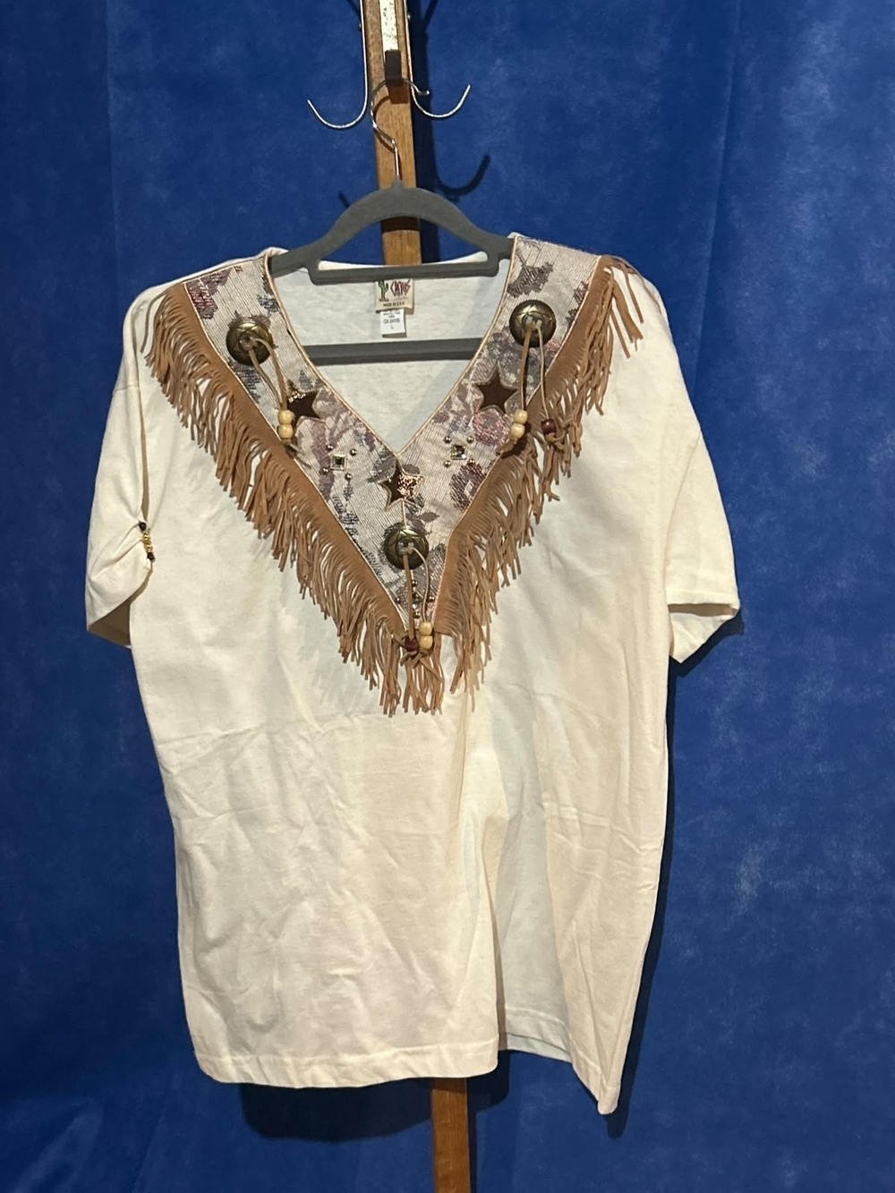 Boho Fringe V-Neck Short Sleeve Top - Cream